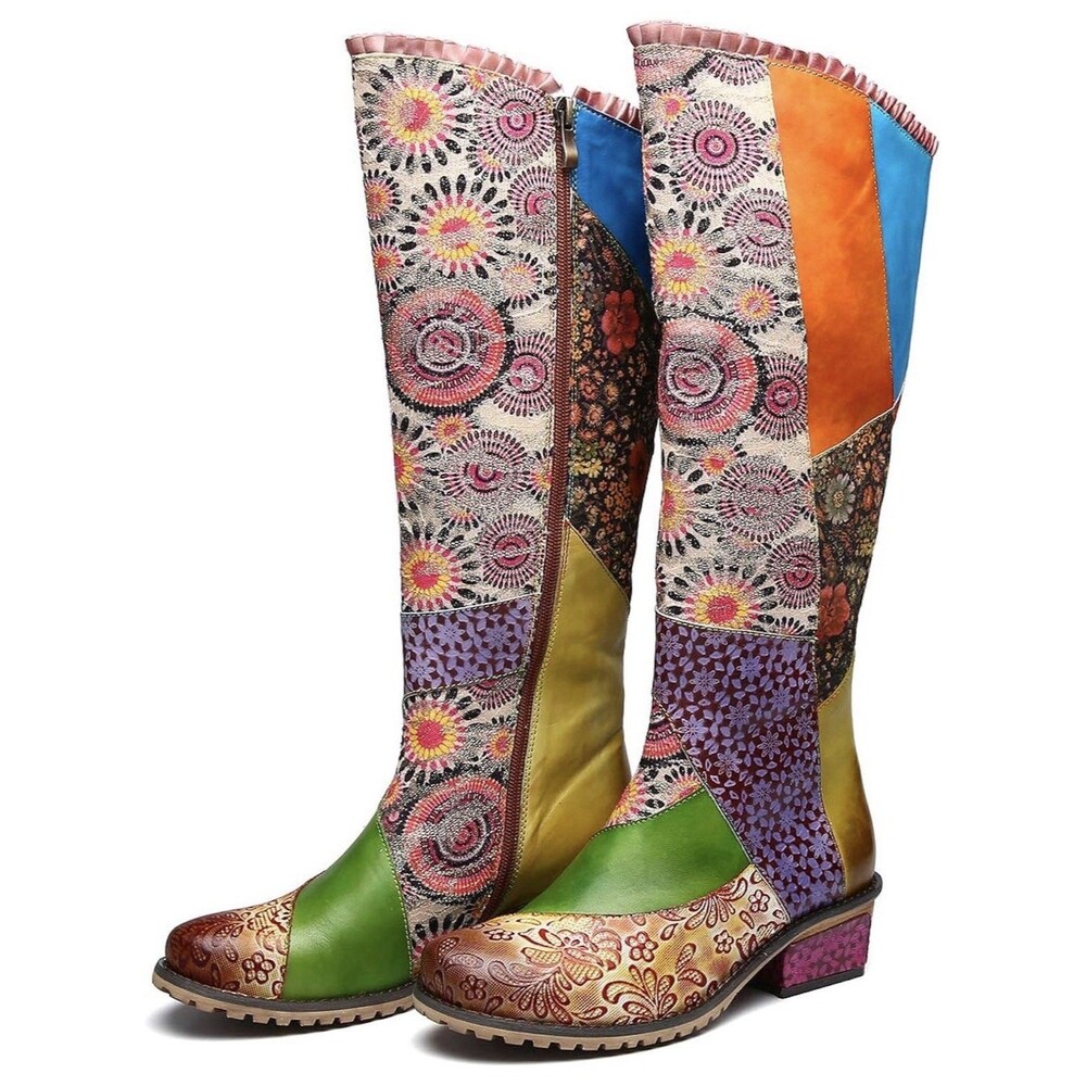EUC Gracosy Women US8 EU39 Knee High Boot Bohemian Hand Made Color Ruffle Trim